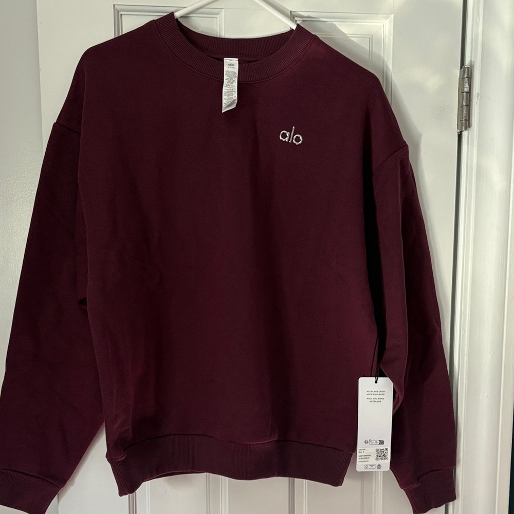 NWT ALO Yoga Accolade Burgundy Crew Neck Pullover Sweatshirt Womens Size Small